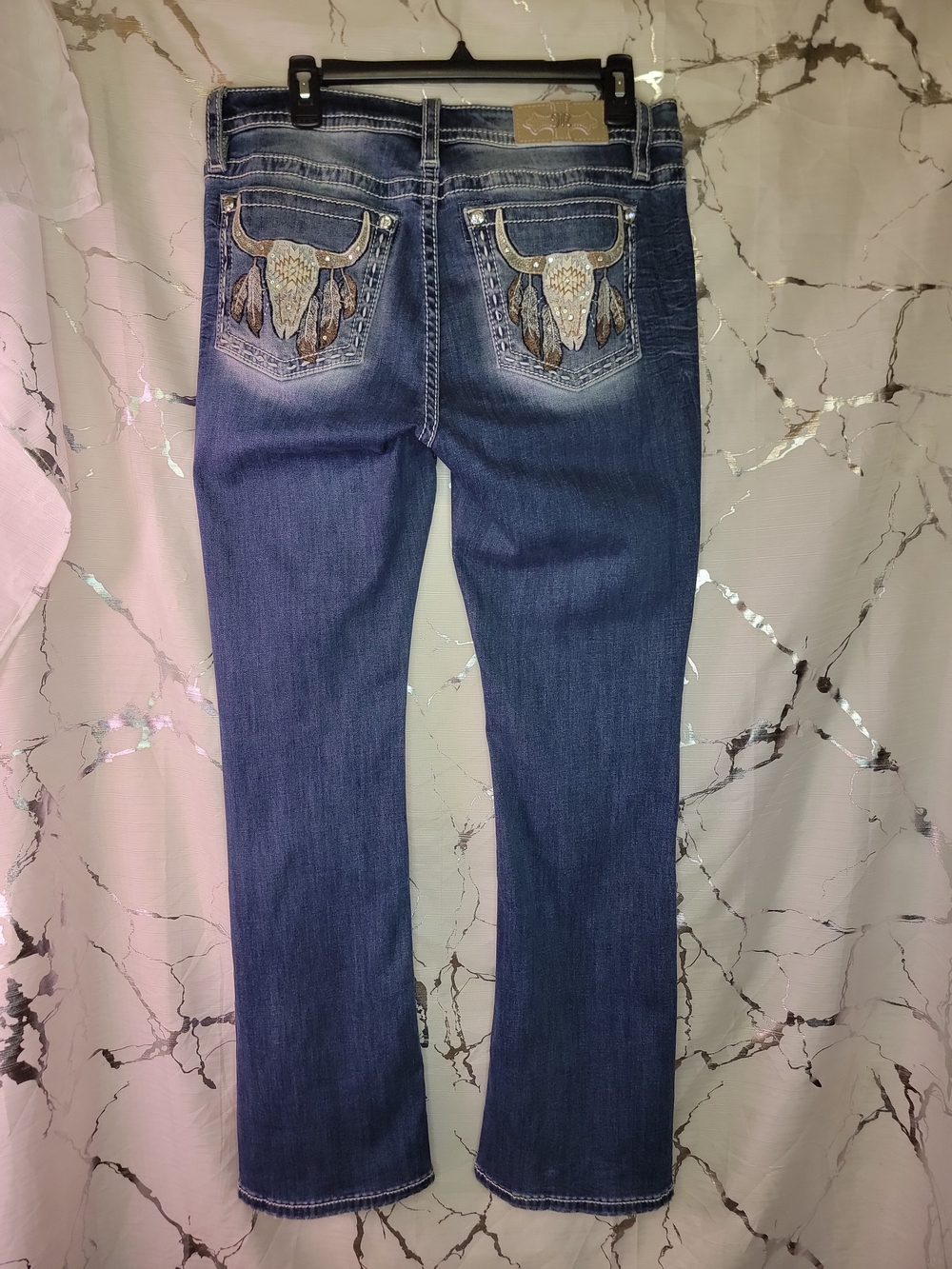 Miss Me Western Bootcut Jeans Size 31 Embroidered Cow Skull Stretch Bling - Picture 2 of 15